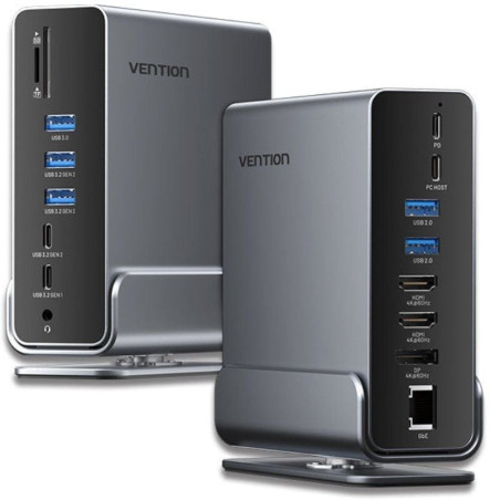 Docking usb tipo-c vention tpuh0/ 2xhdmi 4k/ 1xdisplayport/ 3xusb tipo-c/ 5xusb/ 1xrj45/ 1xlector de tarjetas/ 1xjack 3.5/