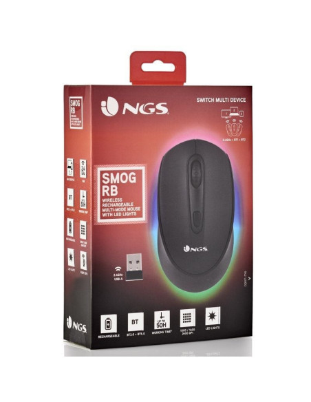 Ratón inalámbrico por bluetooth ngs smog-rb/ batería recargable/ hasta 1600 dpi/ negro