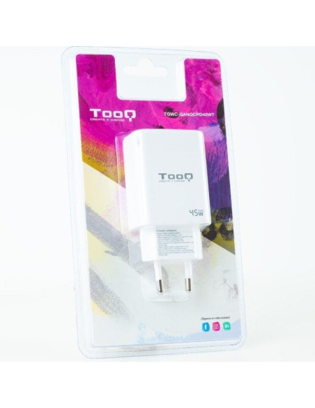 Cargador gan de pared tooq tqwc-ganqcpd45wt/ 1xusb tipo-c/ 1xusb/ 45w