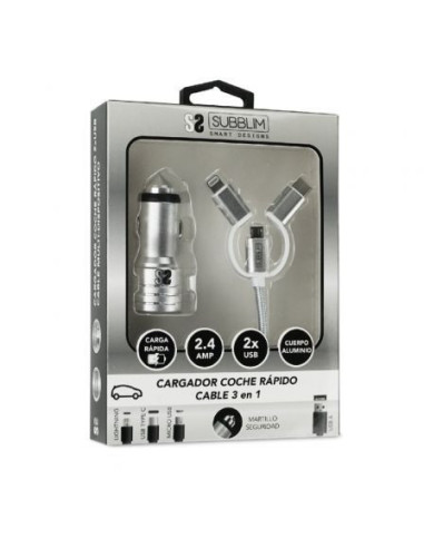 Cargador de coche subblim sub-chg-4cc001/ 2xusb + cable usb 3 en 1/ 12w/ plata