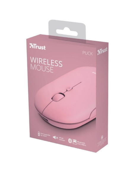 Ratón inalámbrico por bluetooth trust puck/ batería recargable/ hasta 1600 dpi/ rosa