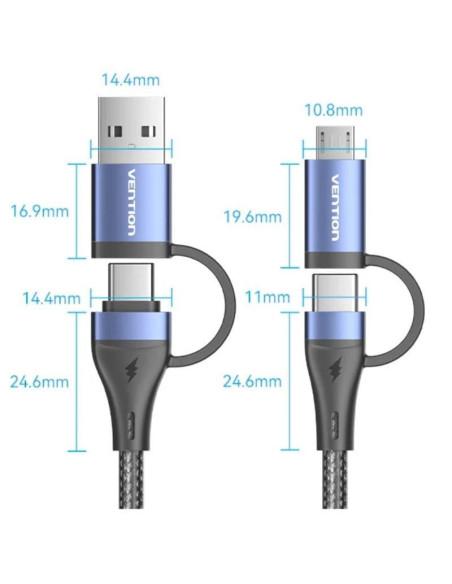 Cable usb 2.0 tipo-c vention ctllf/ usb tipo-c macho - usb macho/ microusb macho - usb tipo-c macho/ hasta 100w/ 480mbps/ 1m/