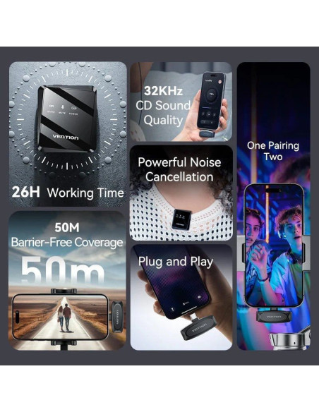 Micrófono inalámbrico con clip vention ncbb0/ usb tipo-c/ incluye receptor/ 2 unidades