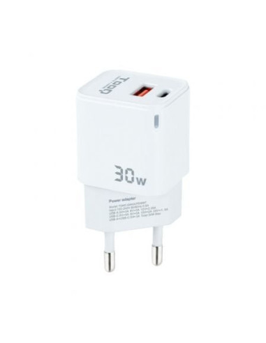 Cargador de pared tooq tqwc-ganqcpd30wt/ 1xusb tipo-c/ 1xusb/ 30w