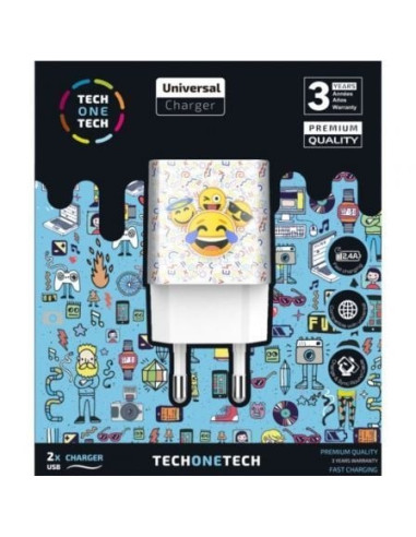 Cargador de pared tech one tech emojitech smile tec2502/ 2xusb/ 2.4a/ blanco