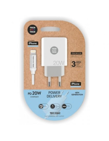 Cargador de pared tech one tech tec2262/ 1xusb tipo-c + cable lightning/ 3a/ blanco