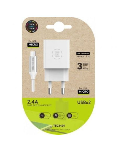 Cargador de pared tech one tech tec2401/ 2xusb + cable micro usb/ 2.4a/ blanco