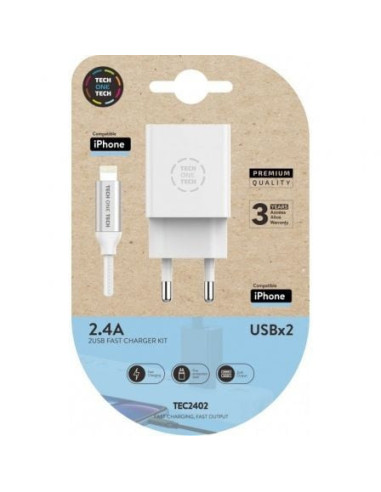 Cargador de pared tech one tech tec2402/ 2xusb + cable lightning/ 2.4a/ blanco