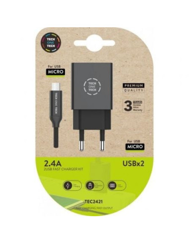 Cargador de pared tech one tech tec2421/ 2xusb + cable micro usb/ 2.4a/ negro