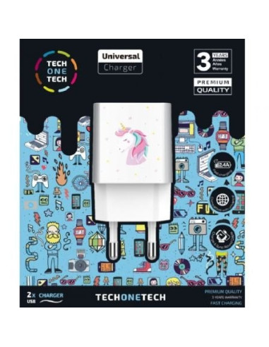 Cargador de pared tech one tech unicornio dream/ 2xusb/ 2.4a/ blanco