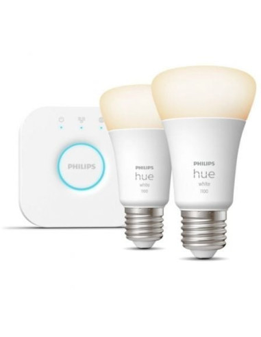 Kit de bombillas led inteligente philips hue + bridge/ casquillo e27/ 10w/ 1100 lúmenes/ 2000k-6500k/ 2 unidades