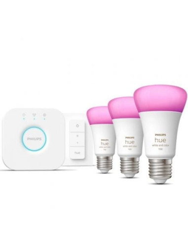 Kit de bombillas led inteligente philips hue + regulador + bridge/ casquillo e27/ 9w/ 1100 lúmenes/ 2000k-6500k/ 3 unidades