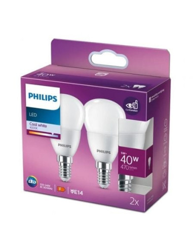 Bombilla led philips led/ casquillo e14/ 5w/ 470 lúmenes/ 4000k/ pack de 2 uds