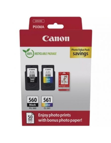 Cartucho de tinta original canon pg-560 + cl-561 multipack/ negro/ tricolor + papel fotográfico