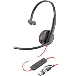 Auricular Poly Blackwire 3210 + Adaptador USB-C/A/ con Micrófono/ USB Tipo-C/ Bulk/ Negro