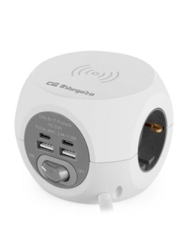 Regleta orbegozo en 4500 con carga inalámbrica/ 3 tomas de corriente/ 2 usb - 2 usb tipo c/ cable 1.5m/ blanca y gris