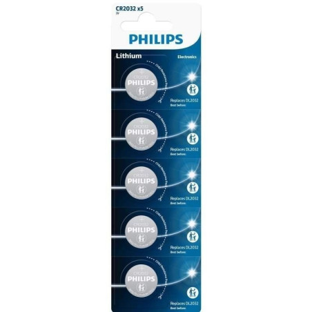 Pack de 5 pilas de botón philips cr2032p5/01b lithium/ 3v