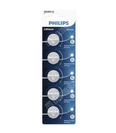 Pack de 5 pilas de botón philips cr2016p5/01b lithium/ 3v