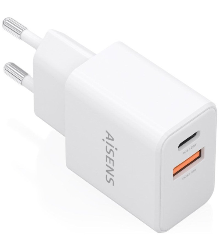 Cargador de pared gan aisens a110-1025/ 1xusb tipo-c/ 1xusb/ 20w/ blanco