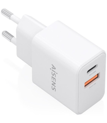 Cargador de pared gan aisens a110-1025/ 1xusb tipo-c/ 1xusb/ 20w/ blanco