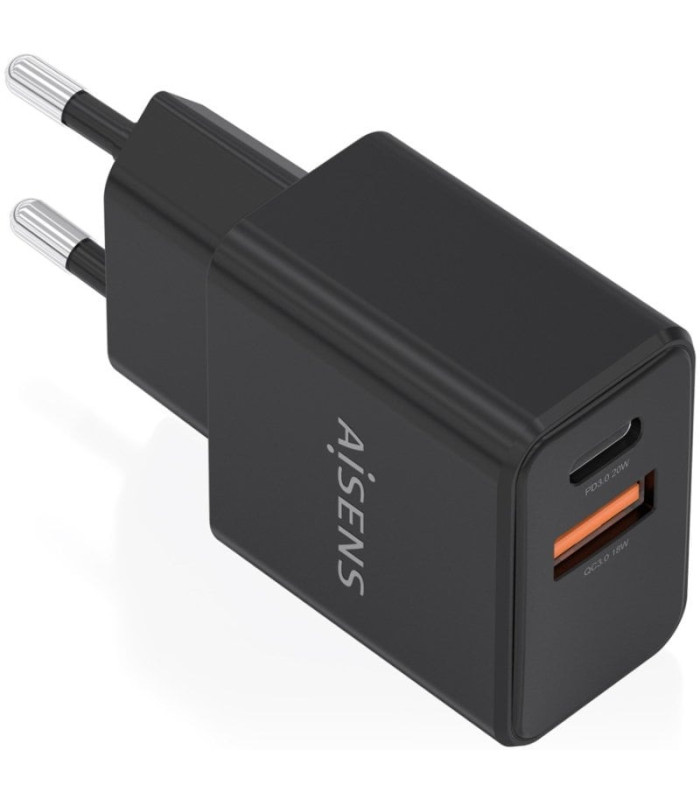 Cargador de pared gan aisens a110-1026/ 1xusb tipo-c/ 1xusb/ 20w/ negro
