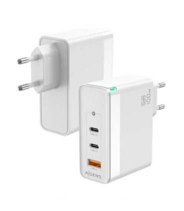 Cargador de pared gan aisens asch-100w3p008-w/ 2xusb tipo-c/ 1x usb/ 100w