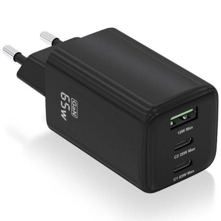 Cargador de pared gan aisens asch-65w3p042-bk/ 2xusb tipo-c/ 1xusb/ 65w