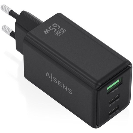 Cargador de pared gan aisens asch-65w3p073-bk/ 2xusb tipo-c/ 1xusb/ 65w/ negro