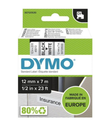 Cinta rotuladora adhesiva de plástico dymo d1 45013/ para label manager/ 12mm x 7m/ negra-blanca