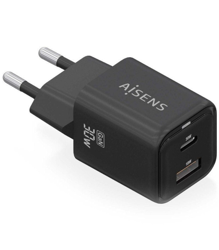 Cargador de pared gan aisens asch-30w2p021-bk/ 1xusb tipo-c/ 1xusb/ 30w