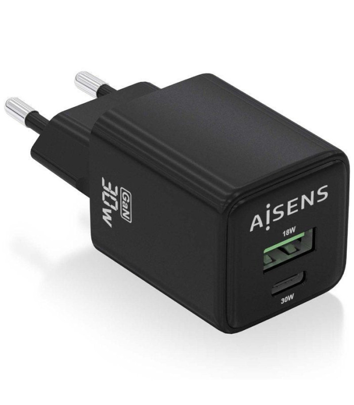 Cargador de pared gan aisens asch-30w2p038-bk/ 1xusb tipo-c/ 1xusb/ 30w