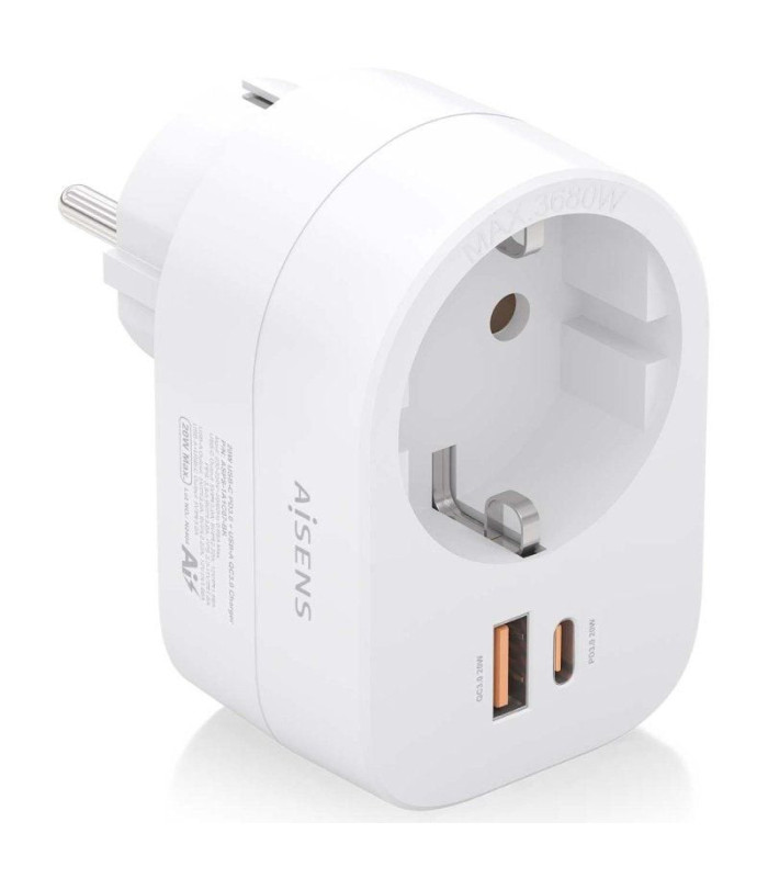 Enchufe aisens asps-1a1c06-w/ 1 toma de corriente/ 1 usb tipo-c pd/ 1 usb/ blanco