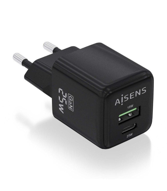 Cargador de pared gan aisens asch-25w2p015-bk/ 1xusb tipo-c/ 1xusb/ 25w