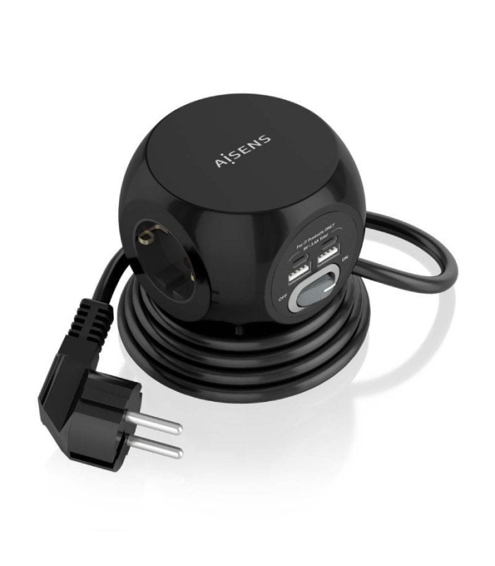 Regleta con interruptor aisens asps-2a2c05-bk/ 3 tomas de corriente/ 2 usb tipo-c/ 2 usb/ cable 1.4m/ negro