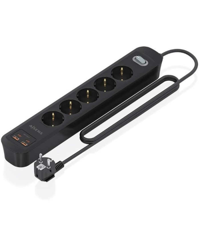 Regleta con interruptor aisens asps-2a2c15-bk/ 5 tomas de corriente/ 2 usb - 2 usb tipo-c/ cable 1.4m/ negro