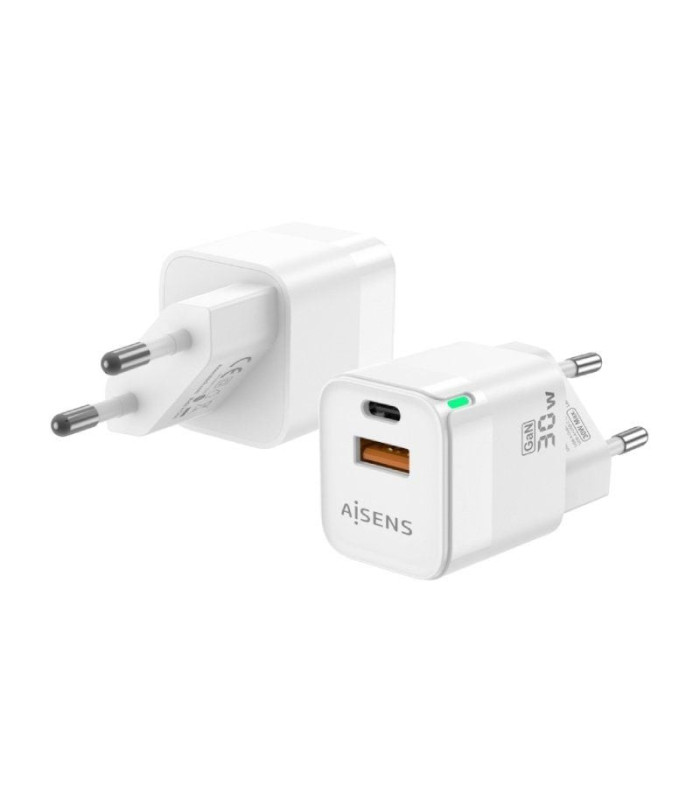 Cargador de pared gan aisens asch-30w2p004-w/ 1xusb tipo-c/ 1xusb/ 30w