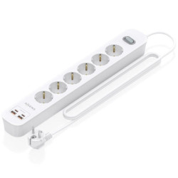 Regleta con interruptor aisens asps-2a2c16-w/ 6 tomas de corriente/ 2 usb - 2 usb tipo-c/ cable 1.4m/ blanco