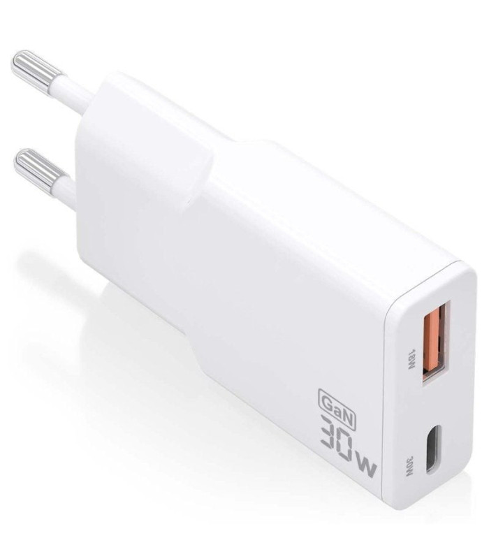 Cargador de pared gan aisens asch-30w2p046-w/ 1xusb tipo-c/ 1xusb/ 30w/ blanco