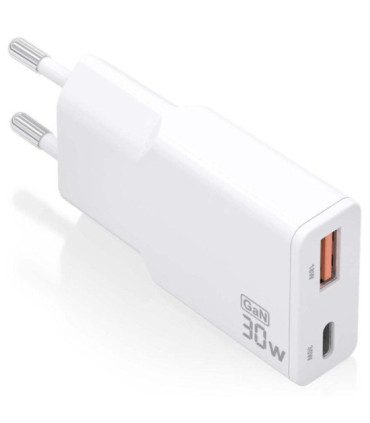 Cargador de pared gan aisens asch-30w2p046-w/ 1xusb tipo-c/ 1xusb/ 30w/ blanco