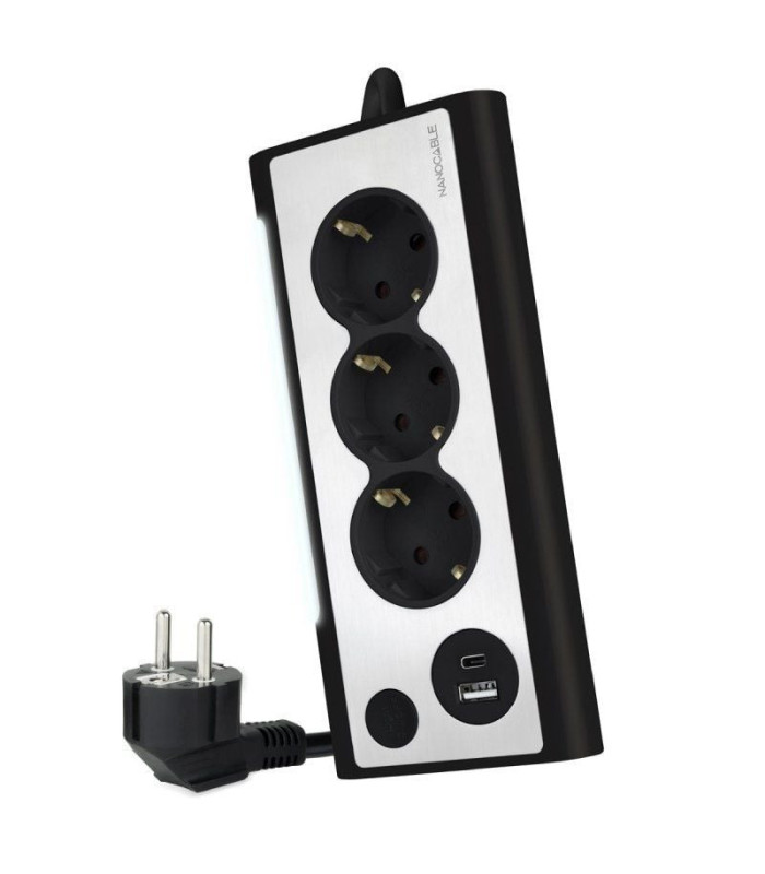 Regleta con interruptor nanocable 10.37.0013-bk/ 3 tomas de corriente/ 1 usb/ 1 usb tipo c/ cable 1.5m/ negro