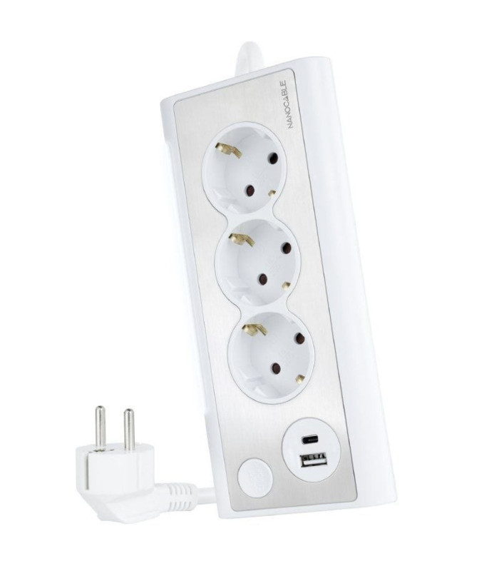Regleta con interruptor nanocable 10.37.0013-w/ 3 tomas de corriente/ 1 usb/ 1 usb tipo-c/ cable 1.5m/ blanca