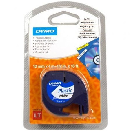 Cinta rotuladora adhesiva de plástico dymo 91221/ para letratag/ 12mm x 4m/ negra-blanca
