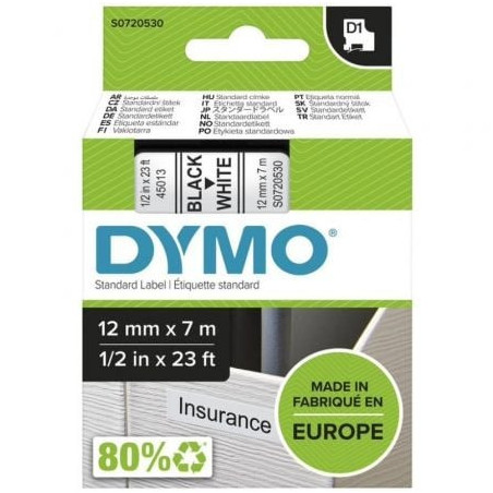 Cinta rotuladora adhesiva de plástico dymo d1 45013/ para label manager/ 12mm x 7m/ negra-blanca