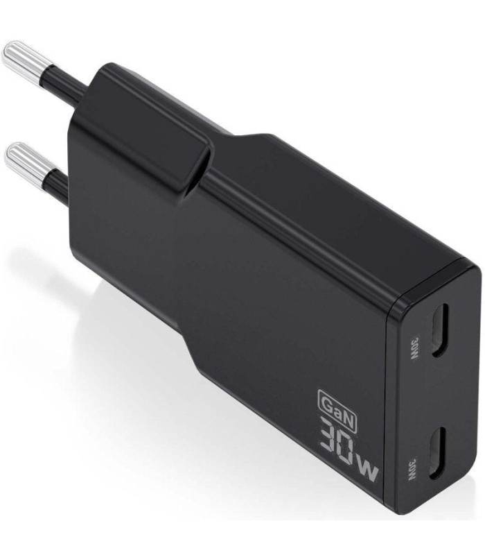 Cargador de pared gan aisens asch-30w2p049-bk/ 2xusb tipo-c/ 30w/ negro