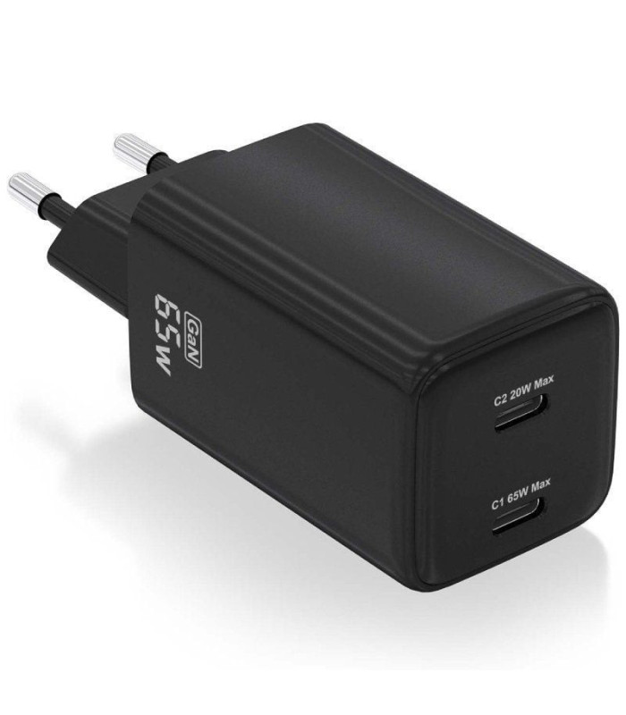 Cargador de pared gan aisens asch-65w2p040-bk/ 2xusb tipo-c/ 65w