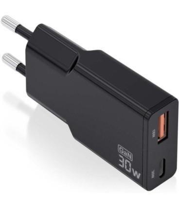 Cargador de pared gan aisens asch-30w2p047-bk/ 1xusb tipo-c/ 1xusb/ 30w/ negro