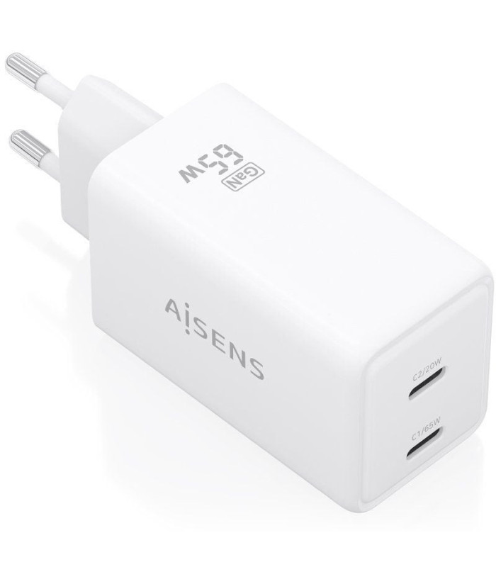 Cargador de pared gan aisens asch-65w2p078-w/ 2xusb tipo-c/ 65w/ blanco