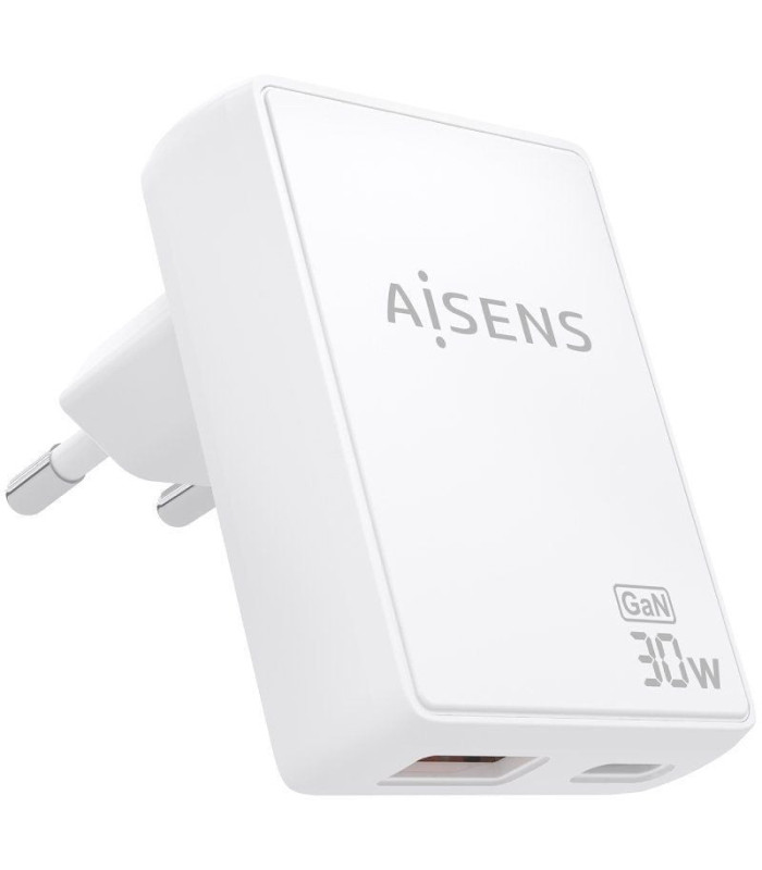 Cargador de pared gan aisens asch-30w2p074-w/ 1xusb tipo-c/ 1xusb/ 30w/ blanco