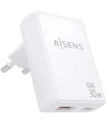 Cargador de pared gan aisens asch-30w2p074-w/ 1xusb tipo-c/ 1xusb/ 30w/ blanco