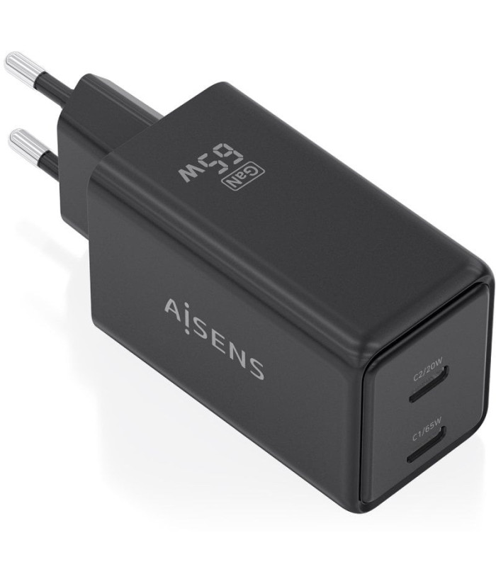 Cargador de pared gan aisens asch-65w2p079-bk/ 2xusb tipo-c/ 65w/ negro